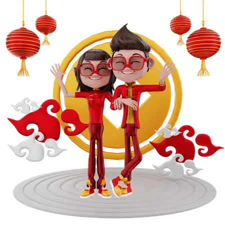 Casal comemorando o ano novo chinês  3D Illustration