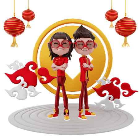 Casal comemorando o ano novo chinês  3D Illustration