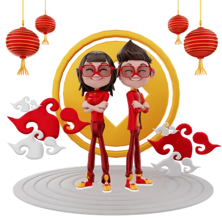 Casal comemorando o ano novo chinês  3D Illustration