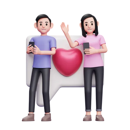 Dois Jovens Casais Tendo Uma Conversa Romantica Em Telefones Celulares Ilustracao De Personagem Conceito De Dia Dos Namorados Em 3 D 3D Illustration