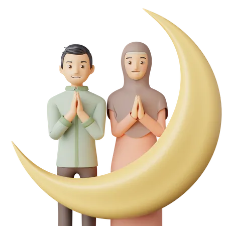 Casal dando saudações eid  3D Illustration