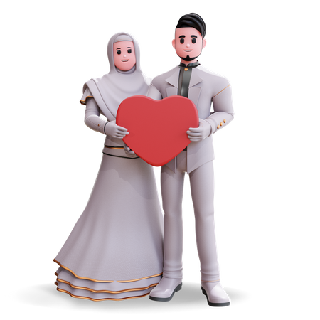 Casal de noivos juntos segurando o coração nas mãos  3D Illustration