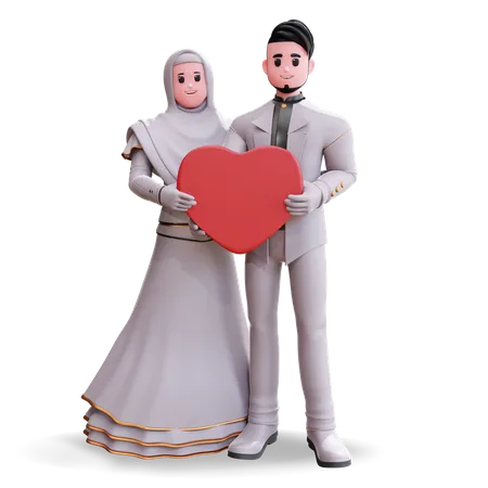 Casal de noivos juntos segurando o coração nas mãos  3D Illustration