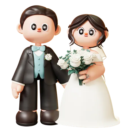 Casal de noivos com buquê  3D Illustration