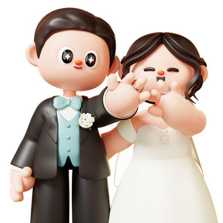 Casal de noivos mostrando e olhando a aliança de casamento  3D Illustration