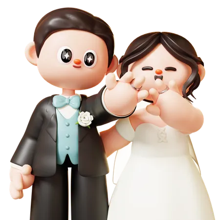 Casal de noivos mostrando e olhando a aliança de casamento  3D Illustration