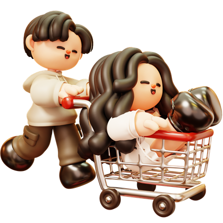 Casal se divertindo com carrinho de compras no supermercado  3D Illustration