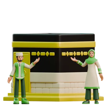 Casal do Ramadã perto da Caaba  3D Illustration