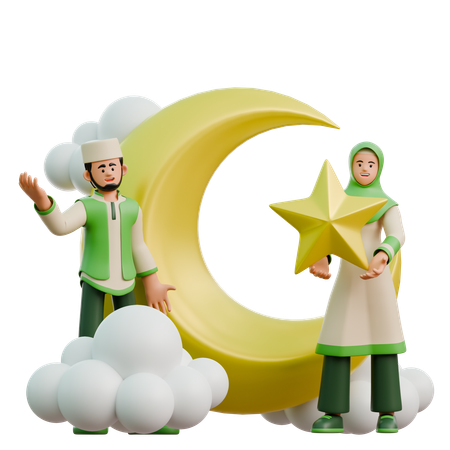 Casal no Ramadã perto da lua  3D Illustration