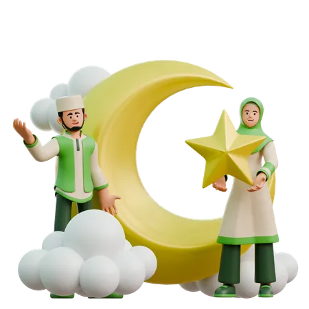 Casal no Ramadã perto da lua  3D Illustration