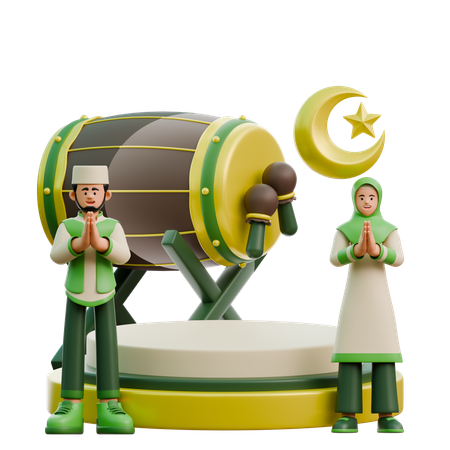 Casal do Ramadã perto do pódio  3D Illustration