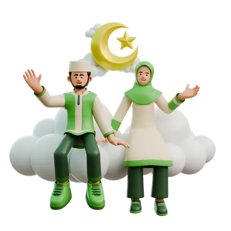 Casal do Ramadã sentado nas nuvens  3D Illustration