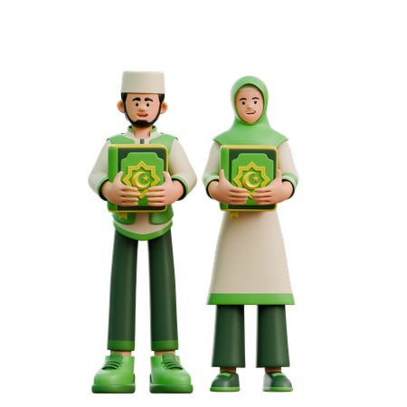 Casal do Ramadã trazendo o Alcorão  3D Illustration