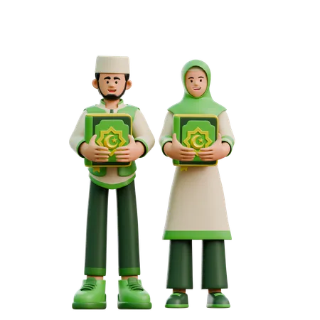 Casal do Ramadã trazendo o Alcorão  3D Illustration