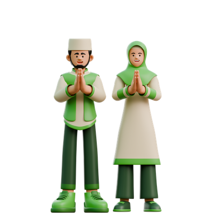 Casal do Ramadã dando a saudação do Eid  3D Illustration