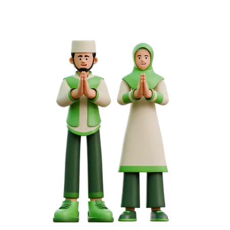 Casal do Ramadã dando a saudação do Eid  3D Illustration