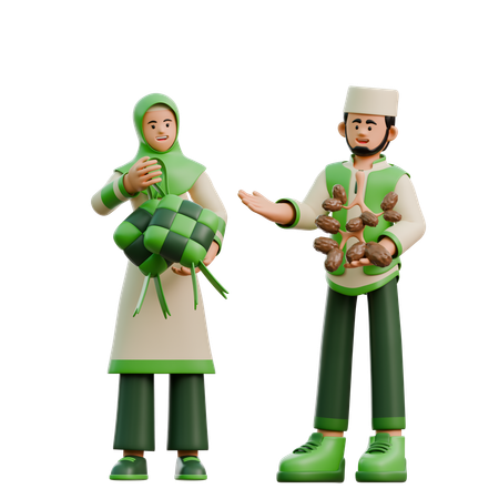 Casal do Ramadã traz comida do Eid  3D Illustration