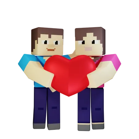 Casal De Namorados 3 D Segurando Coracao Com Ilustracao De Amor Romantico 3D Illustration