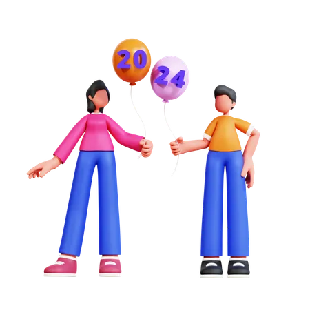 Casal está brincando com balões de ano novo  3D Illustration