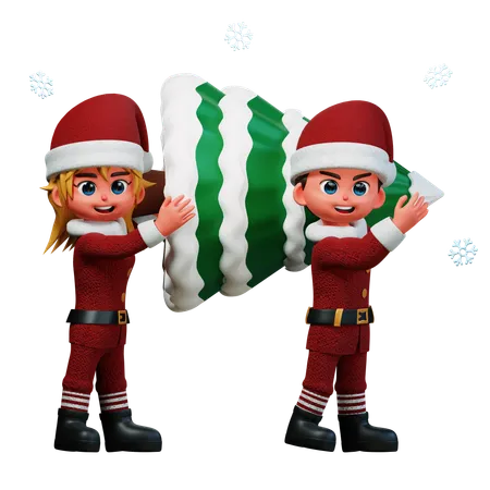 Casal está carregando uma árvore de Natal no ombro  3D Illustration