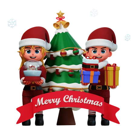Casal está decorando árvore de Natal  3D Illustration