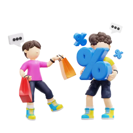 Casal fazendo compras com desconto  3D Illustration