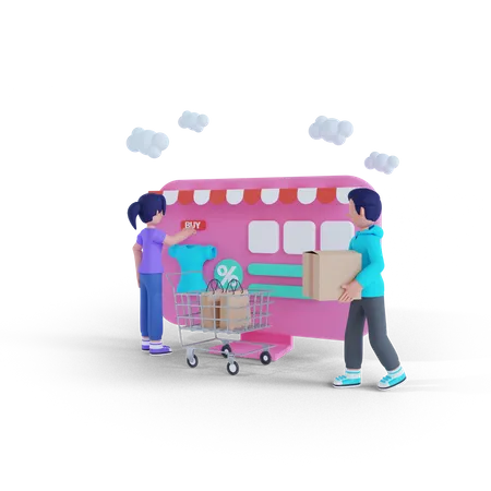 Casal fazendo compras juntos em um site  3D Illustration