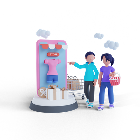 Casal fazendo compras juntos usando aplicativo móvel  3D Illustration