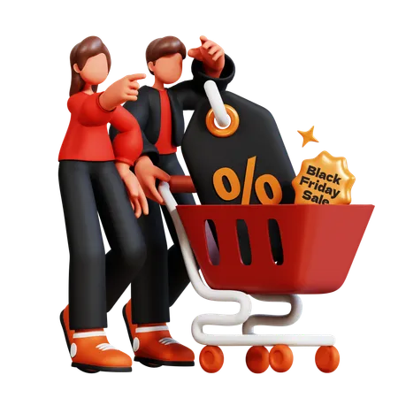 Casal fazendo compras na Black Friday  3D Illustration