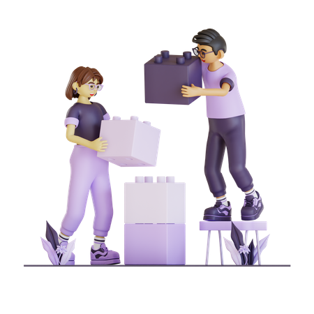 Casal fazendo construção usando blocos de construção juntos  3D Icon