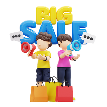 Casal fazendo grande promoção de venda  3D Illustration