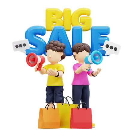 Casal fazendo grande promoção de venda  3D Illustration