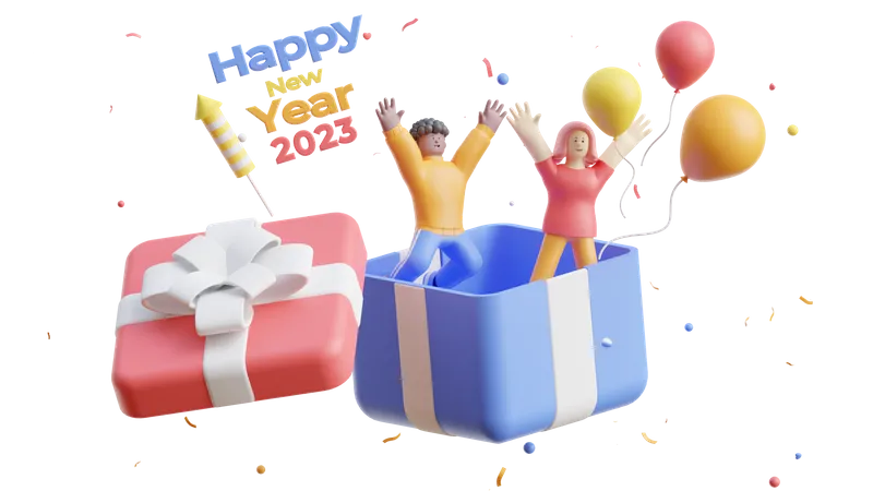 Casal feliz comemora o ano novo de 2023  3D Illustration