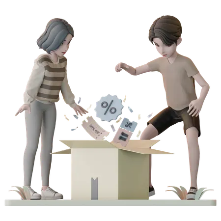 Casal recebendo cupom de desconto  3D Illustration