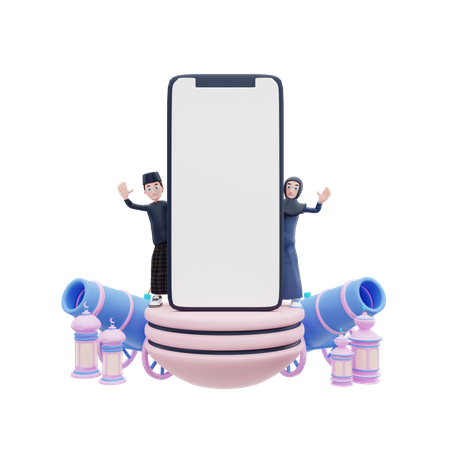 Casal islâmico com tela de telefone em branco  3D Illustration