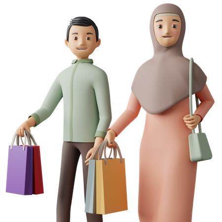Casal islâmico fazendo compras no Eid  3D Illustration