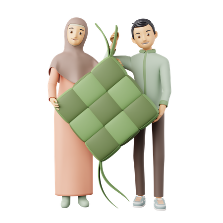 Casal islâmico segurando ketupat  3D Illustration