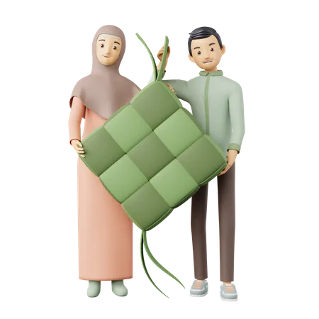 Casal islâmico segurando ketupat  3D Illustration