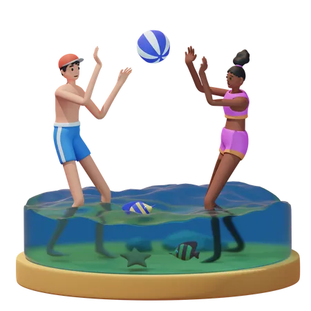 Casal joga bola na praia  3D Illustration