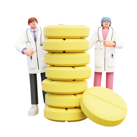 Casal de médicos em pé perto da torre de pílulas grandes  3D Illustration