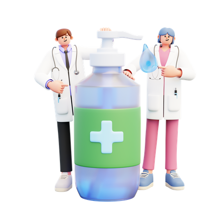 Casal de médicos em pé perto de um grande frasco dispensador  3D Illustration