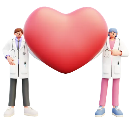 Casal de médicos mostrando formato de coração  3D Illustration