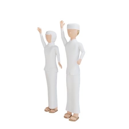 Casal muçulmano acenando com as mãos  3D Illustration