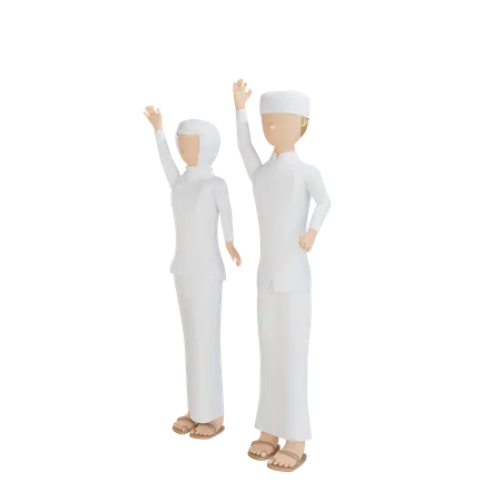 Casal muçulmano acenando com as mãos  3D Illustration