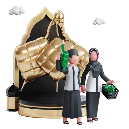 Casal muçulmano com ketupat  3D Illustration