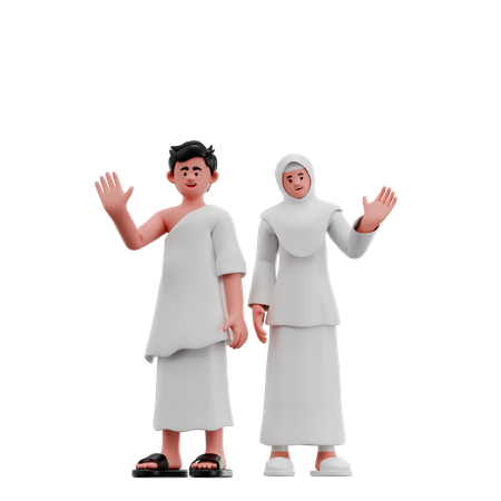 Casal muçulmano dando a saudação do Eid e acenando com a mão  3D Icon