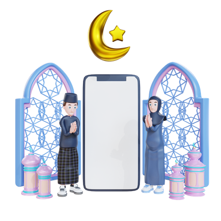 Casal muçulmano em pé com tela do celular em branco  3D Illustration