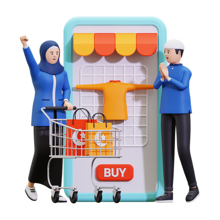 Casal muçulmano fazendo compras on-line  3D Illustration