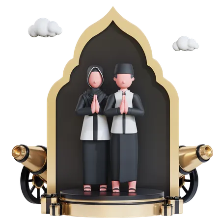 Casal muçulmano fazendo oração  3D Illustration
