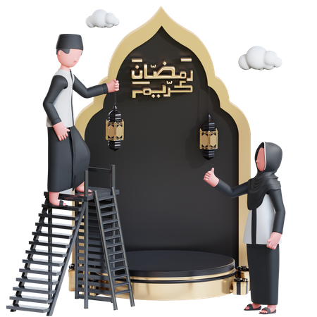Casal muçulmano fazendo decoração do Ramadã  3D Illustration